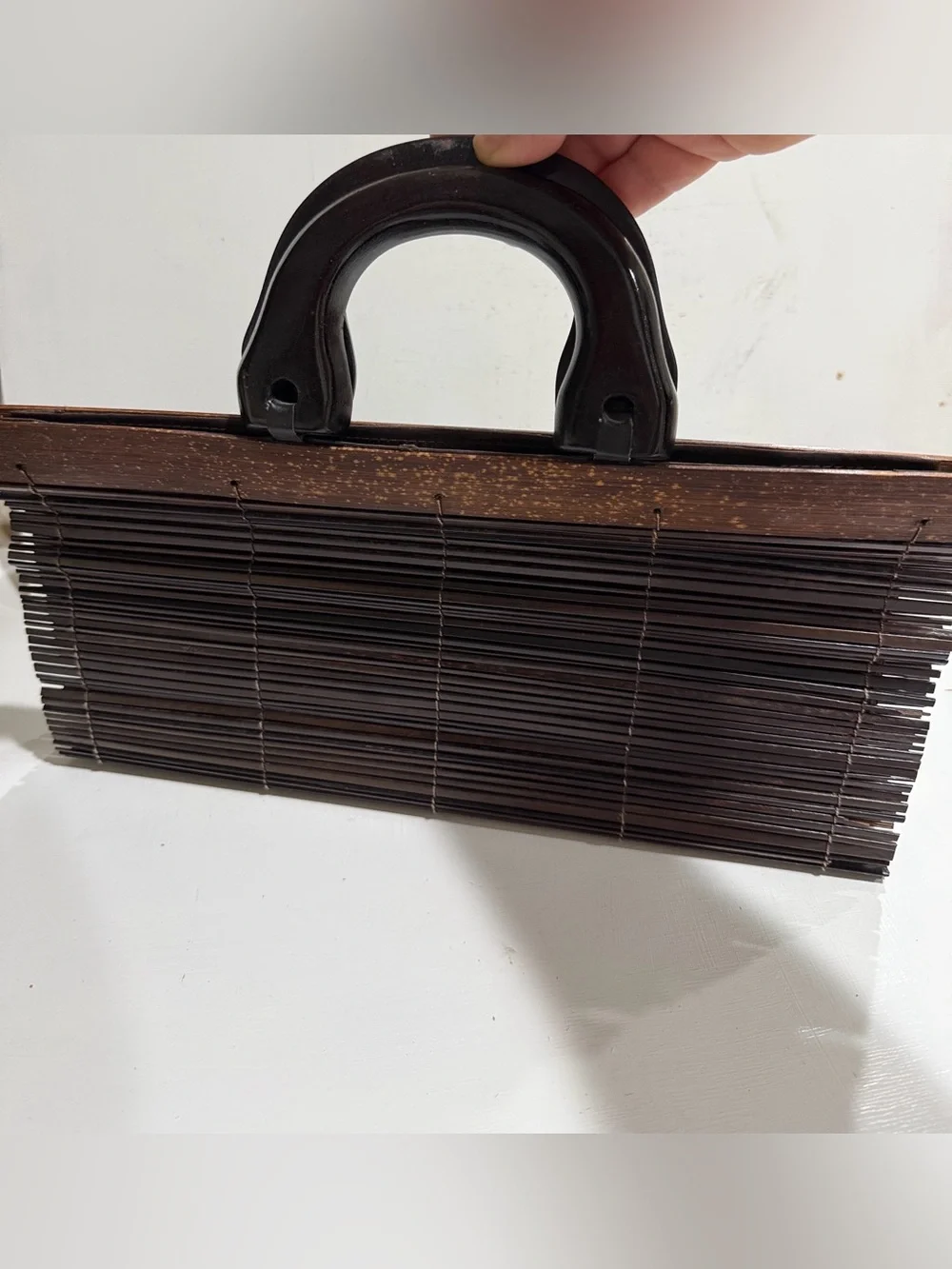Dark Brown Thin Connected Rolling Bamboo Wood Handle Bag Purse Vintage Unique